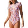 CUPSHE One Piece Swimsuit for Women Mock Neck Zipper Short Sleeve Bathing Suit(Pink Floral)