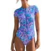 CUPSHE One Piece Swimsuit for Women Mock Neck Zipper Short Sleeve Bathing Suit(Purple Blue Floral)