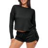 CUPSHE Ribbed Knit Long Sleeve and Short Pajama Sets 2 Piece Button Down Long Sleeve PJs for Women Soft Loungewear(A-black)
