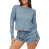 CUPSHE Ribbed Knit Long Sleeve and Short Pajama Sets 2 Piece Button Down Long Sleeve PJs for Women Soft Loungewear(A-blue)