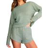 CUPSHE Ribbed Knit Long Sleeve and Short Pajama Sets 2 Piece Button Down Long Sleeve PJs for Women Soft Loungewear(A-green)