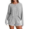 CUPSHE Ribbed Knit Long Sleeve and Short Pajama Sets 2 Piece Button Down Long Sleeve PJs for Women Soft Loungewear(B-grey)