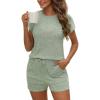 CUPSHE Ribbed Knit Long Sleeve and Short Pajama Sets 2 Piece Button Down Long Sleeve PJs for Women Soft Loungewear(C-green)