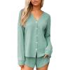 CUPSHE Ribbed Knit Long Sleeve and Short Pajama Sets 2 Piece Button Down Long Sleeve PJs for Women Soft Loungewear(Green)