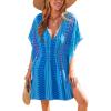 CUPSHE Swimsuit Coverup for Women V Neck Geometric Elastic Waist Short Sleeve Beach Cover Ups Sundress(Blue)