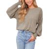CUPSHE Tops for Women Crewneck Long Sleeve Shirt Ribbed Knit Puff Sleeve Blouse(Brown)