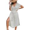 CUPSHE Women Beach Cover Up V Neck Short Sleeve Striped Midi Swimsuit Coverup Dress XS-XXL(Grayish Apricot)