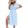 CUPSHE Women Beach Cover Up V Neck Short Sleeve Striped Midi Swimsuit Coverup Dress XS-XXL(Light Blue)