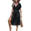CUPSHE Women Beach Cover Up V Neck Short Sleeve Striped Midi Swimsuit Coverup Dress XS-XXL(Solid Black)