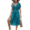 CUPSHE Women Beach Cover Up V Neck Short Sleeve Striped Midi Swimsuit Coverup Dress XS-XXL(Solid Teal)