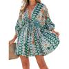 CUPSHE Women Casual Boho Sundress Summer Floral Print Tie Front Dress 3/4 Sleeves Paisley Beach Mini Dresses(Green)