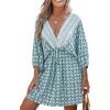 CUPSHE Women Casual Boho Sundress Summer Floral Print Tie Front Dress 3/4 Sleeves Paisley Beach Mini Dresses(Light Blue)