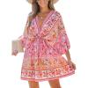 CUPSHE Women Casual Boho Sundress Summer Floral Print Tie Front Dress 3/4 Sleeves Paisley Beach Mini Dresses(Pink)