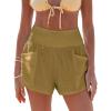 CUPSHE Women Coverup Shorts Smocked Waist High Rise Swimsuit Coverup Shorts with Side Pockets(Khaki)