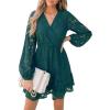 CUPSHE Women Elegant V Neck Lace Peasant Sleeve Mini Summer Dress Elastic High Waist A Line Casual Wedding Guest Dress(Hunter Green)