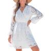 CUPSHE Women Elegant V Neck Lace Peasant Sleeve Mini Summer Dress Elastic High Waist A Line Casual Wedding Guest Dress(White)