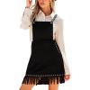 CUPSHE Women Fall Overall Bib Tassel Dresses Faux Western Pinafore Suspender Fringe Studs Mini Dress with Pockets(Black)