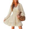 CUPSHE Women Geo V Neck Fall Dress Sleeveless Smocked Waist A Line Long Sleeve Button Casual Sundress Mini Dress(Brown)