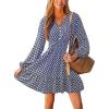 CUPSHE Women Geo V Neck Fall Dress Sleeveless Smocked Waist A Line Long Sleeve Button Casual Sundress Mini Dress(Navy)
