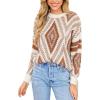 CUPSHE Women Round Neck Sweater Knit Geometric Patterned Casual Tops Long Sleeves Sweaters(Brown)