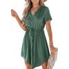 CUPSHE Women Summer Dresses Drawstring Button Front Short Sleeve V Neck Mini Dress Short Sleeve Sundress(Dark Green)