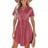CUPSHE Women Summer Dresses Drawstring Button Front Short Sleeve V Neck Mini Dress Short Sleeve Sundress(Red)