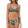 CUPSHE Women Swimsuit Bikini Set Two Piece Bathing Suit Criss Cross Back Strappy Side with Double Spaghetti Straps(Sage Green / Tropical)