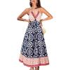CUPSHE Women’s Backless Beach Dress Halter Neck Ruffle Plunge V Neck Sleeveless Maxi Sundress Summer Dresses(Navy Blue Boho)