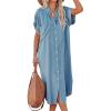 CUPSHE Women’s Beige & Red Solid Color Bell Sleeve V-Neck Short Sleeve Button Down A-Line Midi Dress with Slit Hem & Fitted Waist – XS to XL