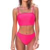 CUPSHE Women’s Bikini Sets Two Piece Swimsuit Bandeau Top Square Neck Mid Rise Ruched Bathing Suit Spaghetti Straps(Bright Pink)