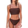CUPSHE Women’s Bikini Sets Two Piece Swimsuit Bandeau Top Square Neck Mid Rise Ruched Bathing Suit Spaghetti Straps(Chocolate Brown)