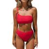 CUPSHE Women’s Bikini Sets Two Piece Swimsuit High Waisted One Shoulder Asymmetrical Neck Self Tie Bathing Suit(Solid Red)