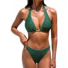 CUPSHE Women’s Bikini Sets Two Piece Swimsuit Low Rise Cheeky Halter Straps Textured Fabric Plunging Neck(Emerald Green)