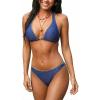 CUPSHE Women’s Bikini Sets Two Piece Swimsuit Low Rise Cheeky Halter Straps Textured Fabric Plunging Neck(Navy Blue)