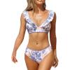 CUPSHE Women’s Bikini Sets V Neck Ruffled Wide Adjustable Straps Bathing Suit Standard Rise Whip Stitch Trim(Blue Floral)