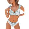 CUPSHE Women’s Bikini Sets V Neck Ruffled Wide Adjustable Straps Bathing Suit Standard Rise Whip Stitch Trim(Green Floral)