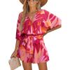CUPSHE Women’s Boho Floral Romper Short Sleeve V Neck Tie Waist Summer Beach Jumpsuit Tropical Resort Vacation Outfits(Pink Orange Floral)