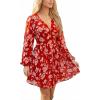 CUPSHE Women’s Fall Boho Floral Mini Dresses Long Sleeve Wedding Guest Dress V Neck Flowy Smocked Lined Short Dress(Red)
