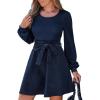 CUPSHE Women’s Fall Dresses Corduroy Belted Tie Waist Long Sleeve Round Neck Casual A Line Mini Dress(Blue)