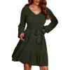 CUPSHE Women’s Fall Sweater Dress Long Sleeve V Neck Waist Tie Casual Ruffle Mini Dress(Green)