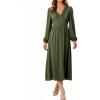 CUPSHE Womens Fall Wedding Guest Dress Long Sleeve V Neck Maxi Dress Smocked Waist Long Flowy Midi Dresses(Green)