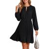 CUPSHE Womens Fall Wedding Guest Formal Dresses Pleated Flowy Mini Dress Long Sleeve Keyhole Neck Short Dress(Black)