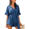 CUPSHE Women’s Half Sleeves Romper Surplice Neck Waist Tie Wide Leg Ruffle Cute Jumpsuit Beach Vacation Outfits(Blue)