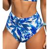 CUPSHE Women’s High Waisted Bikini Bottom Swimsuit Tummy Control Ruched Classic Full Coverage Swim Bottom Only(White/Blue Tropical)