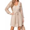 CUPSHE Women’s Lace Long Sleeve Mini Dress Flowy V Neck Tie Belted Knit Dress Fall Holiday Cocktail Short Dress(Beige)