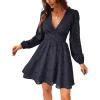 CUPSHE Women’s Lace Mini Dress Long Sleeve Floral Print A Line Dress for Party Bodycon Dress(Navy)