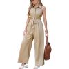 CUPSHE Women’s Lapel Sleeveless Wide Leg Jumpsuit Button Front Self Tie Dressy Overall Work Beach Vacation Summer Outfits(Khaki)