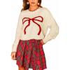 CUPSHE Womens Long Sleeve Christmas Fall Sweater Crewneck Pattern Loose Fit Pullover Holiday Sweater Knit Top(White Red)