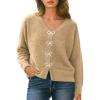 CUPSHE Women’s Long Sleeve Knit Cardigan Bow Buttons Lightweight Open Front Sweater Fall Winter Casual Sweater Top(Khaki)