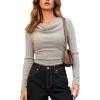 CUPSHE Womens Long Sleeve Shirts Ribbed Lightweight Tunic Sweater Ruched Cowl Neck Fall Fashion Outfits(Grey)